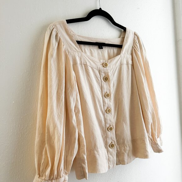 J. CREW Squareneck Button-Front 100% Linen Top Baloon Sleeve in Palest Peach - Picture 5 of 8